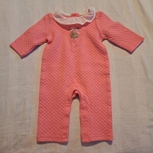 Janie and Jack girls size 0-3 months pink quilted romper with flower design, EUC